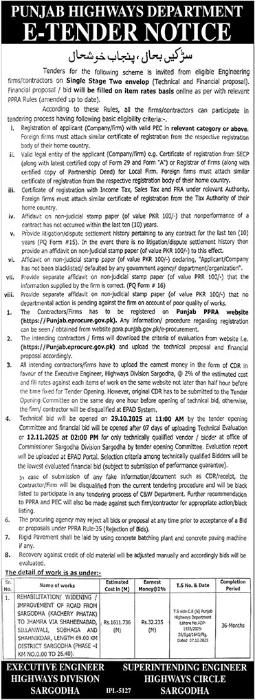 Punjab Highway Department Sargodha Tender Notice